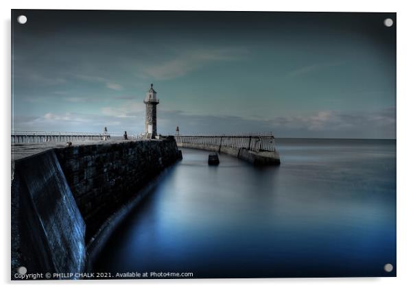 Whitby harbour blue hour. 439 Acrylic by PHILIP CHALK