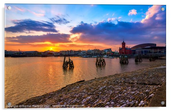 Awesome Sunset over Cardiff Bay  Acrylic by Gordon Maclaren