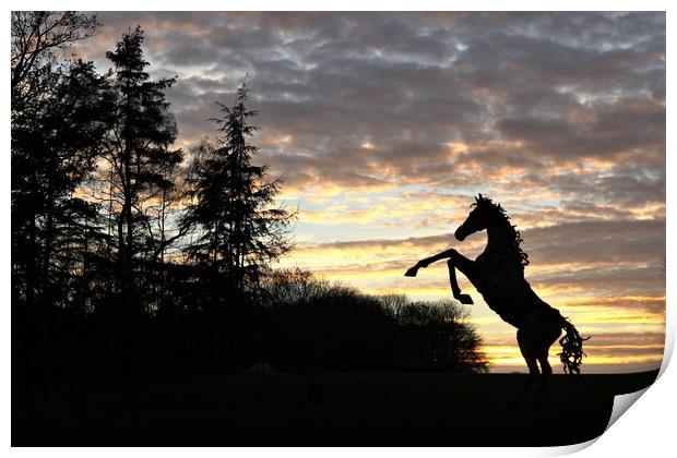 A chrome sky sunset with rearing stallion. Print by mick vardy