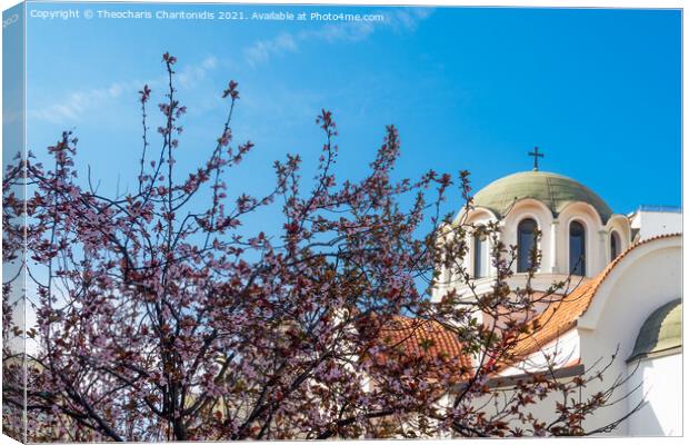 Cherry blossom tree against an Orthodox church. Canvas Print by Theocharis Charitonidis