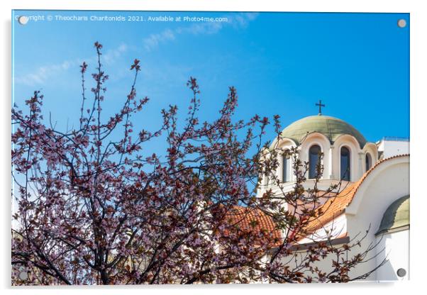 Cherry blossom tree against an Orthodox church. Acrylic by Theocharis Charitonidis