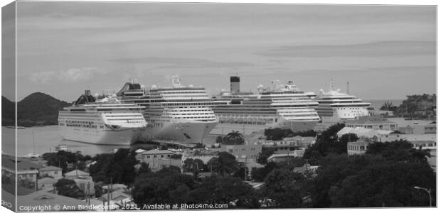 Cruise ships in Antigua in black and white Canvas Print by Ann Biddlecombe