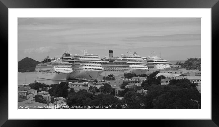 Cruise ships in Antigua in black and white Framed Mounted Print by Ann Biddlecombe