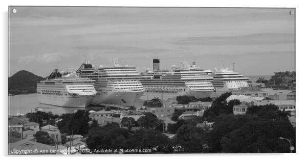 Cruise ships in Antigua in black and white Acrylic by Ann Biddlecombe
