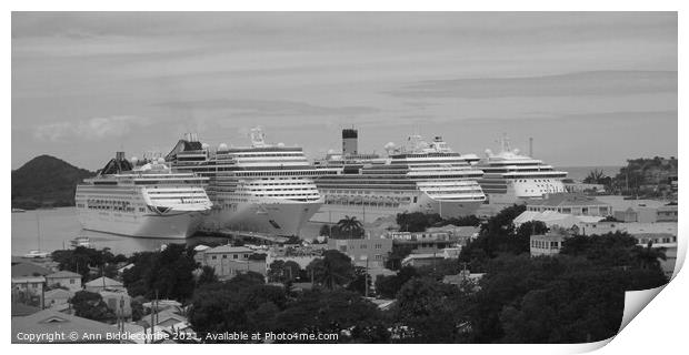 Cruise ships in Antigua in black and white Print by Ann Biddlecombe