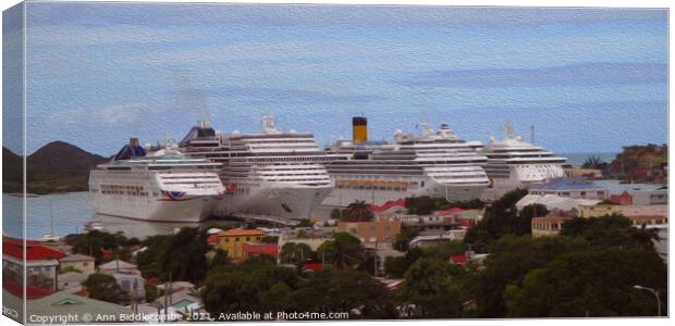 Cruise ships in Antigua with oil paint effect Canvas Print by Ann Biddlecombe