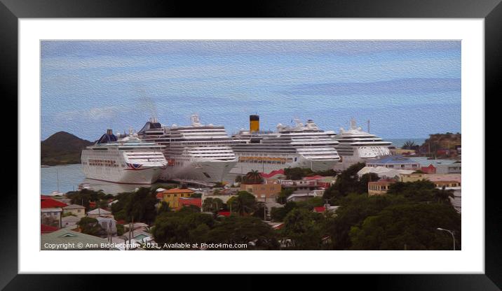 Cruise ships in Antigua with oil paint effect Framed Mounted Print by Ann Biddlecombe