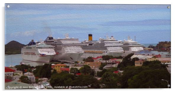 Cruise ships in Antigua with oil paint effect Acrylic by Ann Biddlecombe