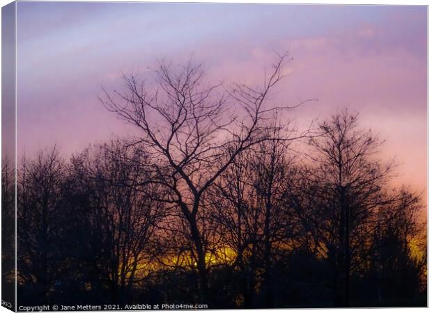 Sun Setting Behind the Trees Canvas Print by Jane Metters