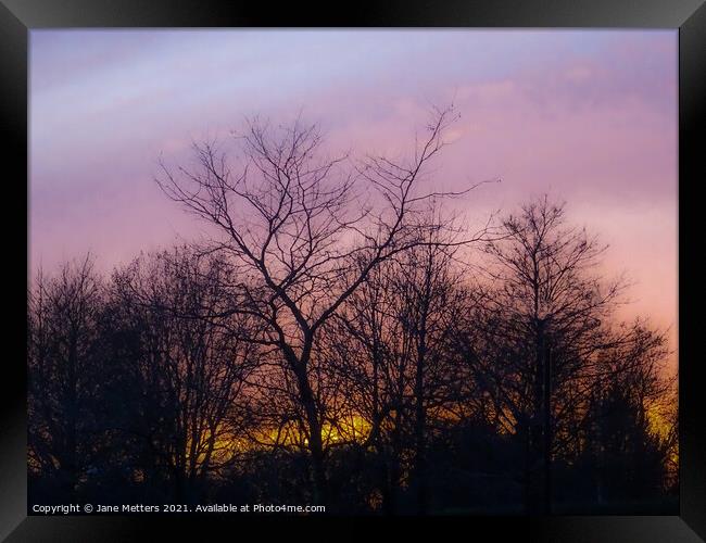 Sun Setting Behind the Trees Framed Print by Jane Metters