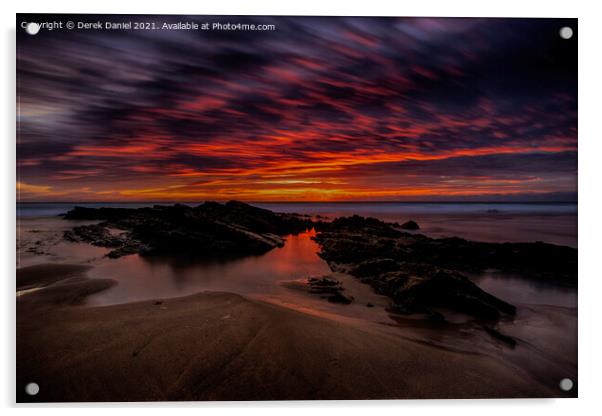 Fiery Red Sunset at Crooklets Beach, Bude Acrylic by Derek Daniel