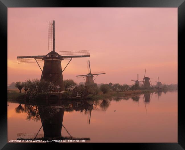 Windmills at dawn Kinderdijk Holland Framed Print by Chris Warren