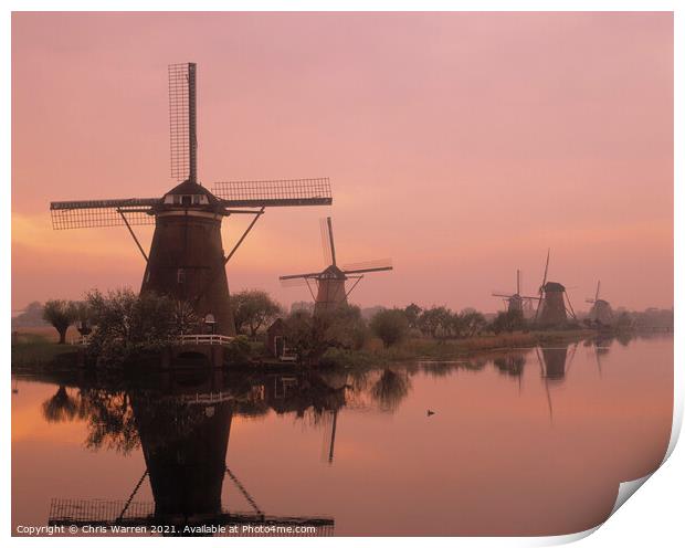 Windmills at dawn Kinderdijk Holland Print by Chris Warren