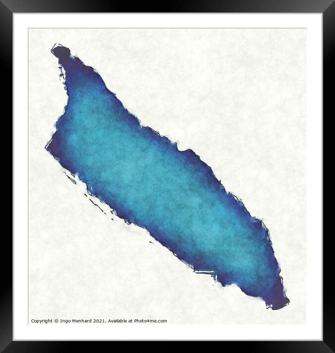 Aruba map with drawn lines and blue watercolor illustration Framed Mounted Print by Ingo Menhard