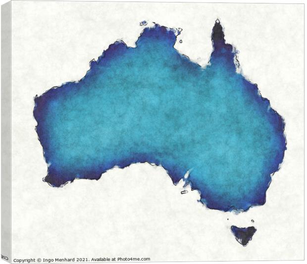 Australia map with drawn lines and blue watercolor illustration Canvas Print by Ingo Menhard