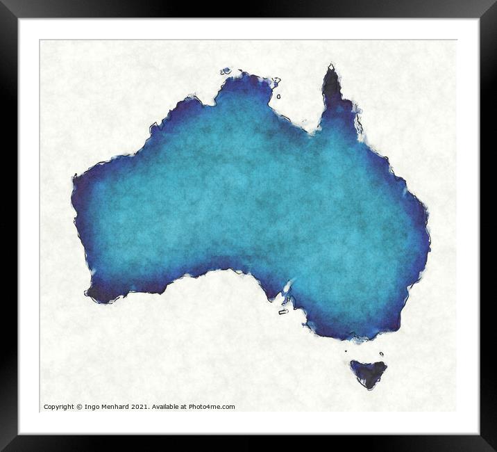 Australia map with drawn lines and blue watercolor illustration Framed Mounted Print by Ingo Menhard