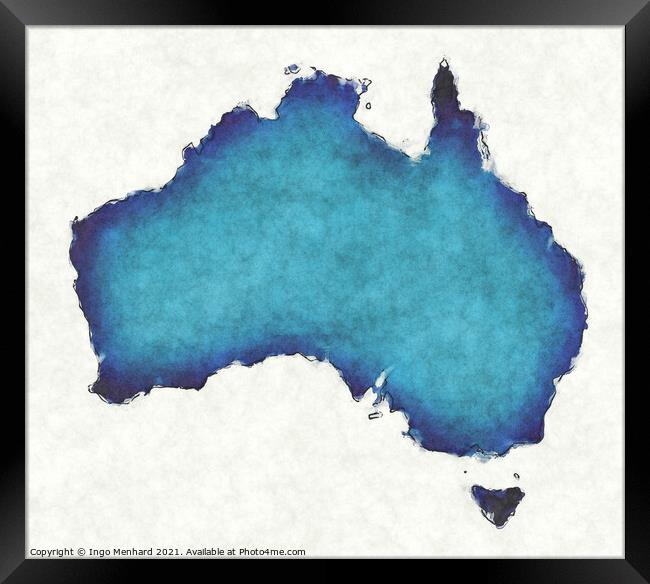 Australia map with drawn lines and blue watercolor illustration Framed Print by Ingo Menhard