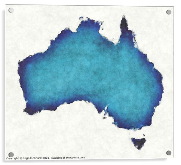 Australia map with drawn lines and blue watercolor illustration Acrylic by Ingo Menhard
