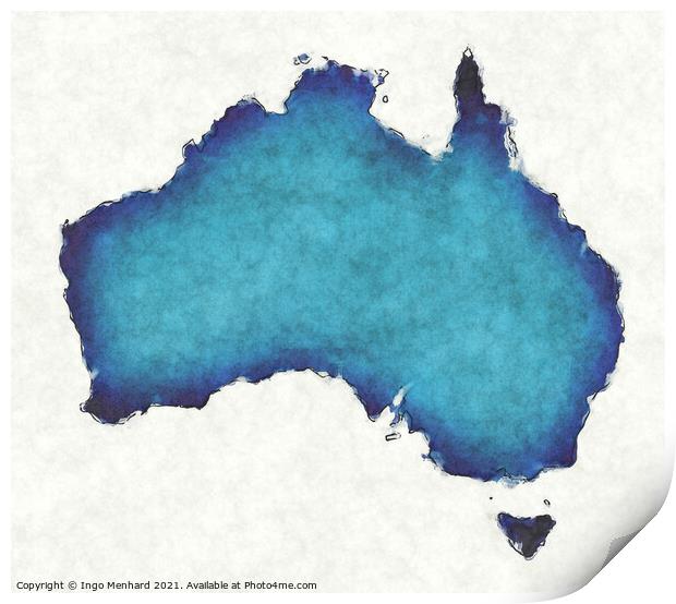Australia map with drawn lines and blue watercolor illustration Print by Ingo Menhard