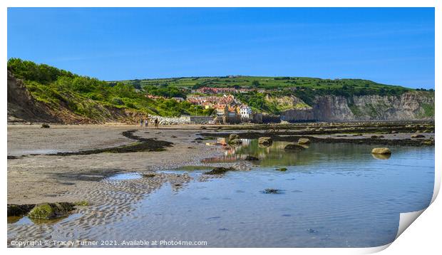 View across the beach at Robin Hood's Bay Print by Tracey Turner