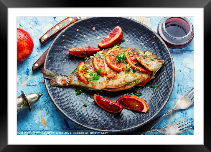Grilled dorado fish on plate Framed Mounted Print by Mykola Lunov Mykola