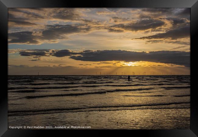 Crosby Beach at sunset Framed Print by Paul Madden