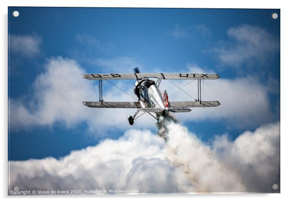 Old Biplane pulls up over the clouds Acrylic by Steve de Roeck