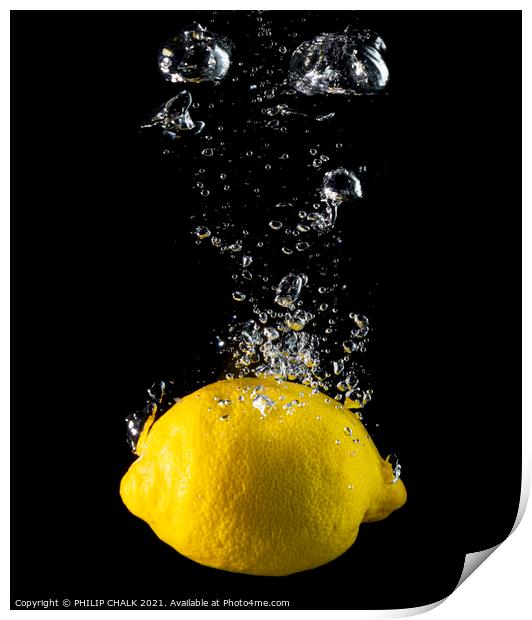 Lemon sinking in water and bubbles still life 440 Print by PHILIP CHALK