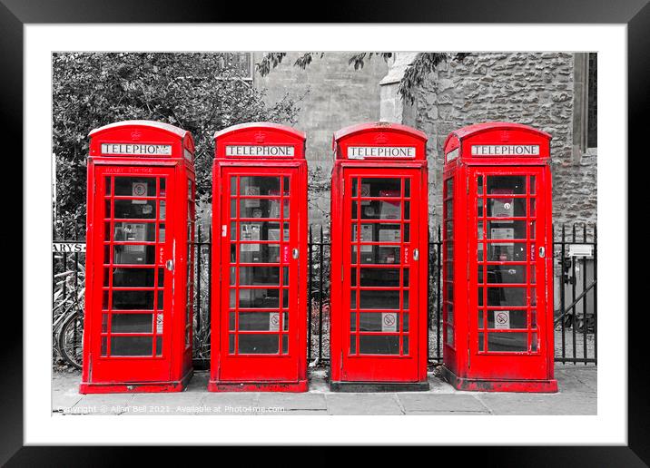 Four red phone boxes  Framed Mounted Print by Allan Bell