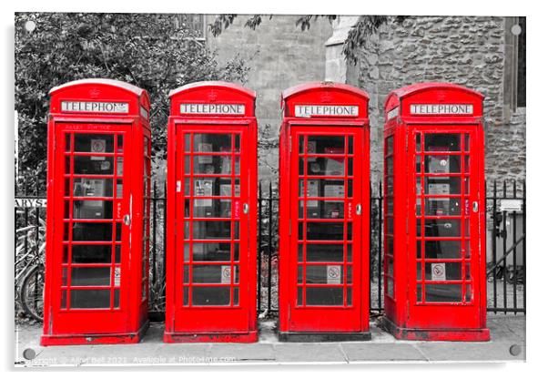 Four red phone boxes  Acrylic by Allan Bell