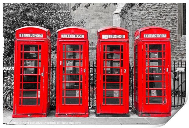 Four red phone boxes  Print by Allan Bell