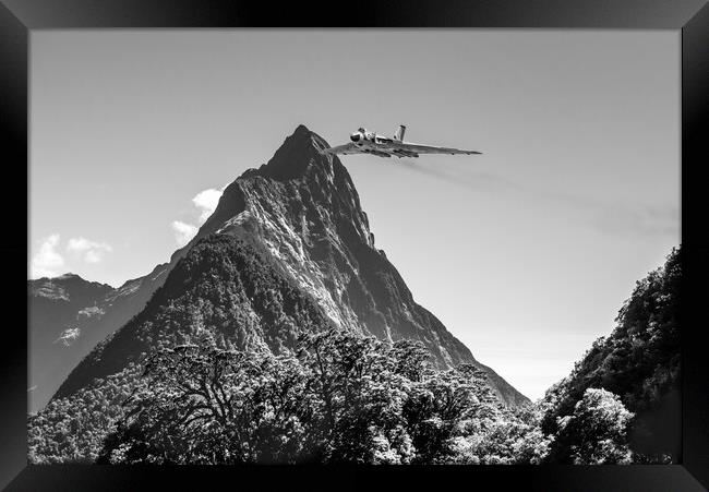 Vulcan in Milford Sound B&W version Framed Print by Gary Eason