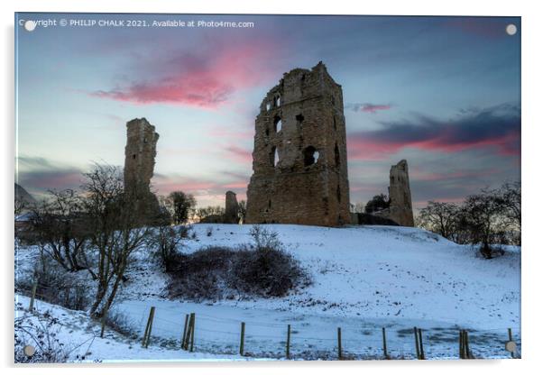 Sherriff Hutton castle near York on a winters sunrise. 443 Acrylic by PHILIP CHALK