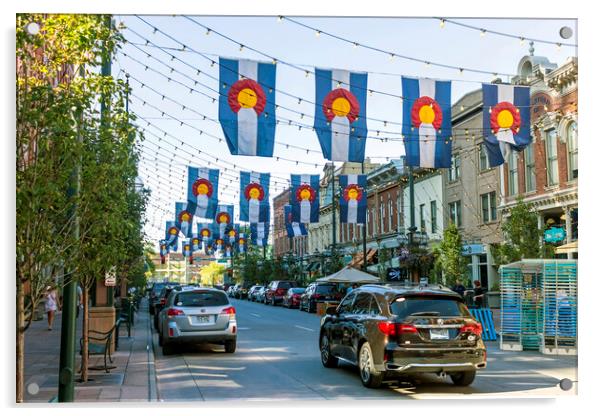 Colorado Flags in historic Larimer Square in downtown Denver. Acrylic by Mikhail Pogosov