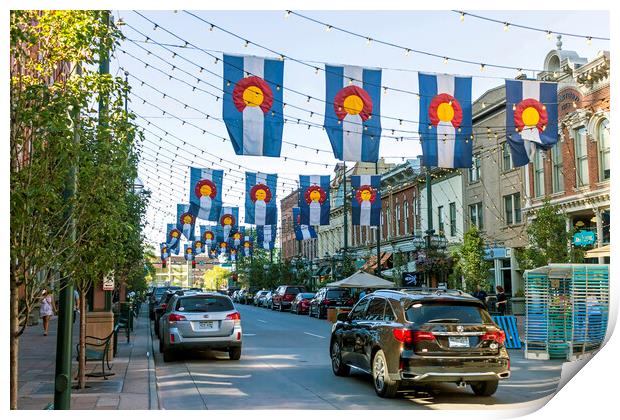 Colorado Flags in historic Larimer Square in downtown Denver. Print by Mikhail Pogosov