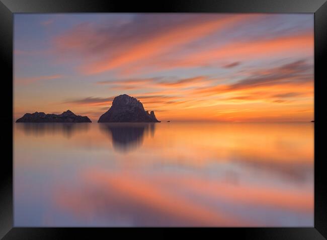 Montage of a sunset in Es Vedra and its reflection in the water Framed Print by Vicen Photo