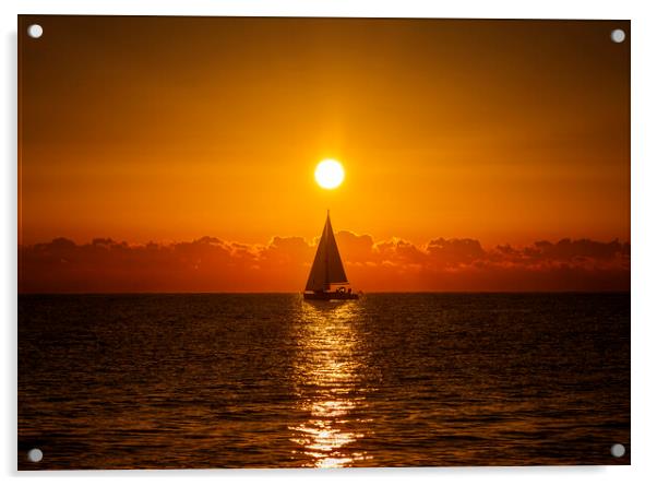 A lone sailboat sailing in the dawn sun Acrylic by Vicen Photo