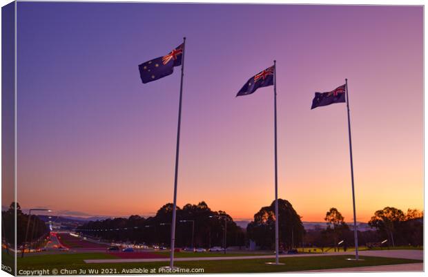 Australian national flags at sunset time in Canberra, Australia Canvas Print by Chun Ju Wu