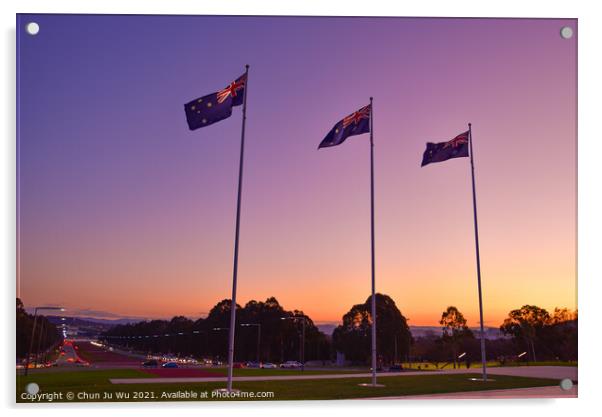 Australian national flags at sunset time in Canberra, Australia Acrylic by Chun Ju Wu