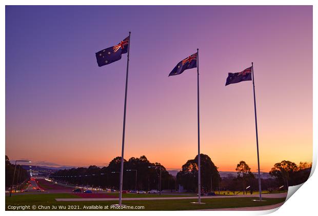 Australian national flags at sunset time in Canberra, Australia Print by Chun Ju Wu