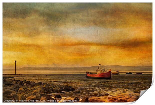 Morecambe Bay Boats at Sunset – digital painting Print by Heather Sheldrick