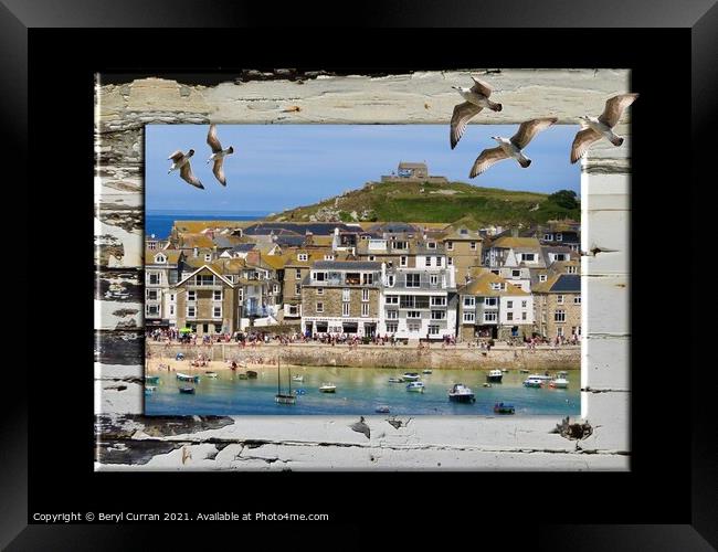 Majestic Seagulls Soaring over St Ives Framed Print by Beryl Curran