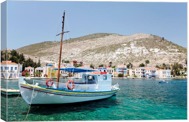 Fishing boat in harbour Kastellorizo, Greece Canvas Print by Neil Overy
