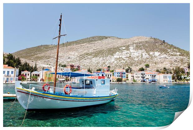 Fishing boat in harbour Kastellorizo, Greece Print by Neil Overy