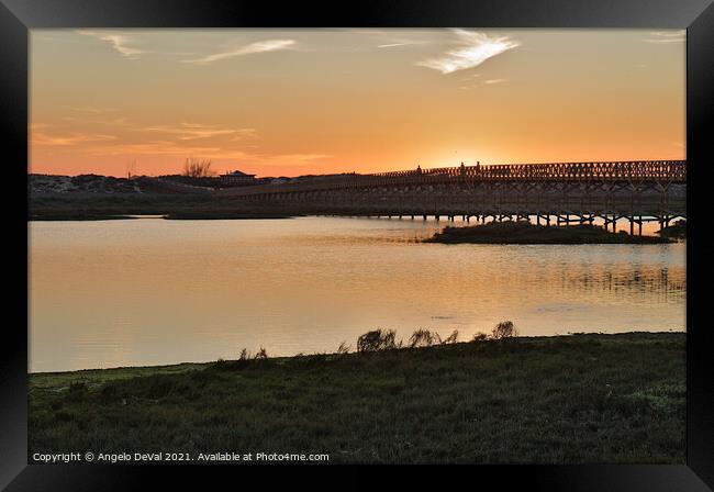 Wooden bridge of Quinta do Lago at Sunset Time Framed Print by Angelo DeVal