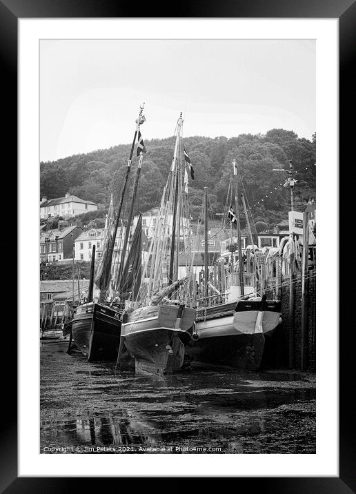Looe Lugger regatta with Ripple, Maggie and  Erin moored up on West Looe quay at Low water black and white  Framed Mounted Print by Jim Peters