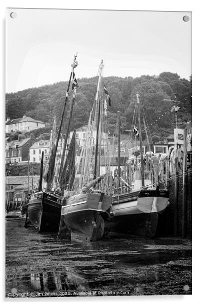 Looe Lugger regatta with Ripple, Maggie and  Erin moored up on West Looe quay at Low water black and white  Acrylic by Jim Peters