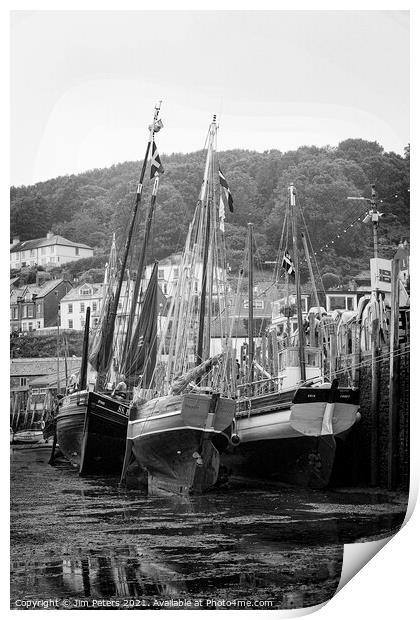 Looe Lugger regatta with Ripple, Maggie and  Erin moored up on West Looe quay at Low water black and white  Print by Jim Peters