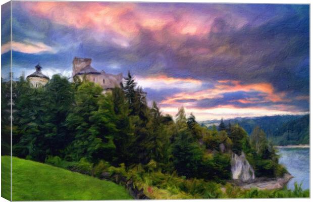 Mysterious medieval castle by the mountain lake Canvas Print by Wdnet Studio