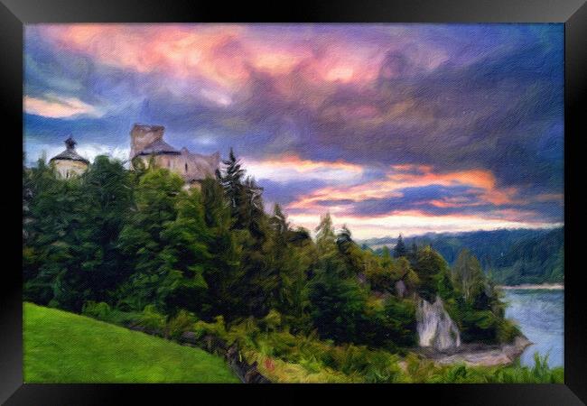 Mysterious medieval castle by the mountain lake Framed Print by Wdnet Studio